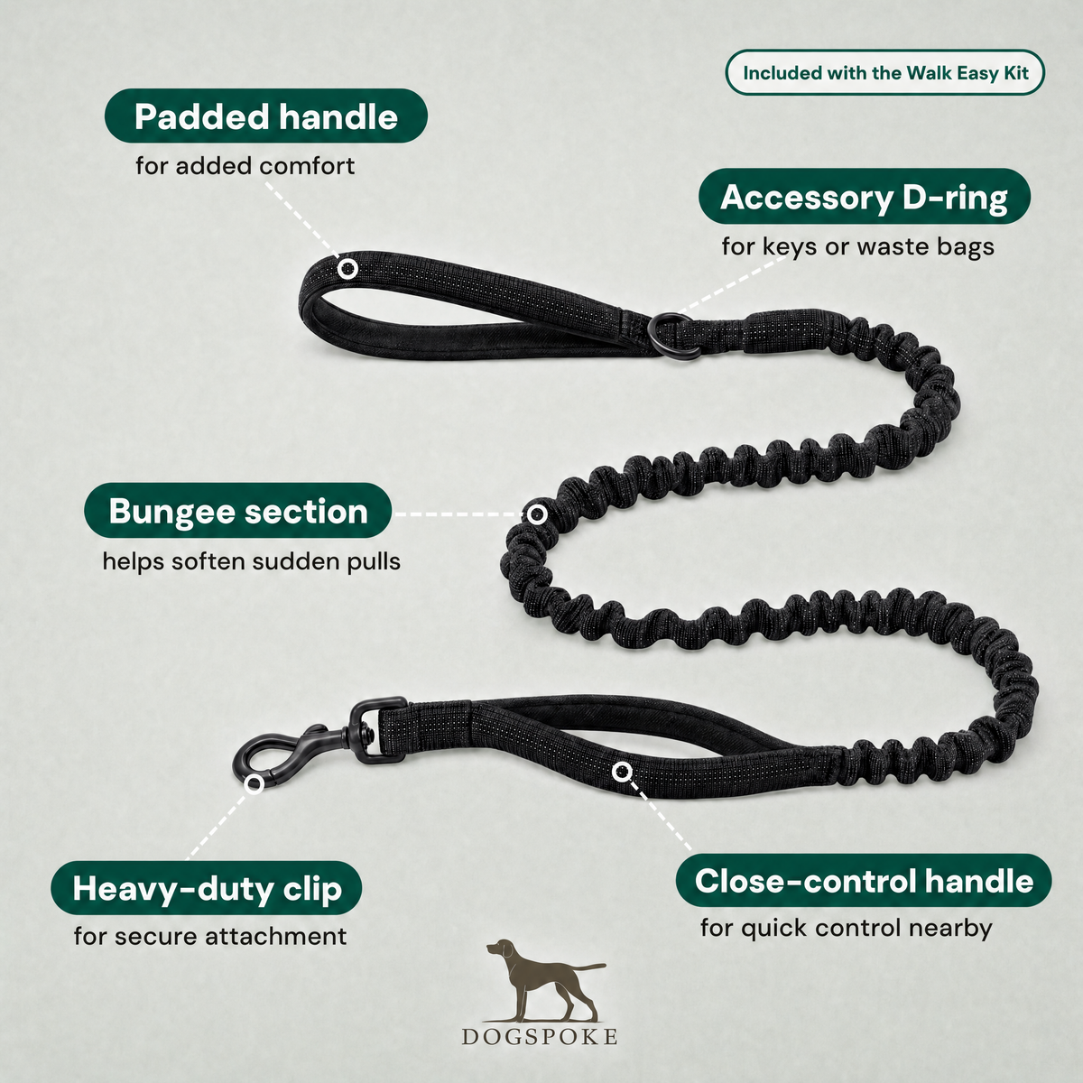Bungee dog leash with padded handle and close-control handle