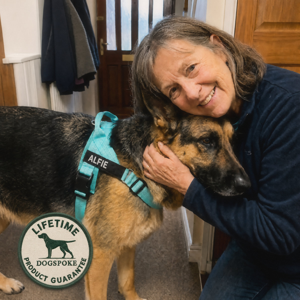 Woman hugging her German Shepherd wearing a personalised turquoise harness